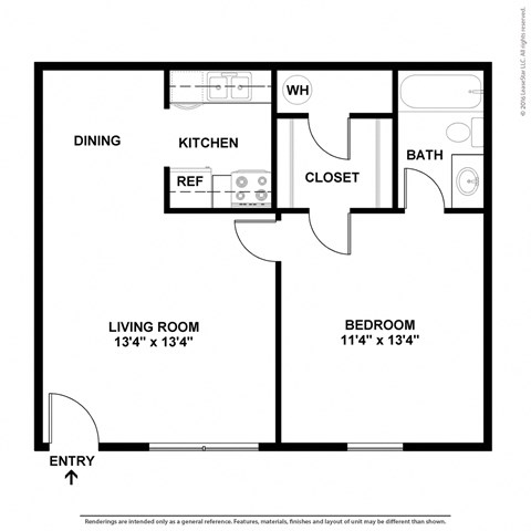 Floor plan for 1 bed, 1 bath, 561 sqft